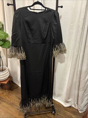 Pomander Place Black Dress with Gold Lace Trim